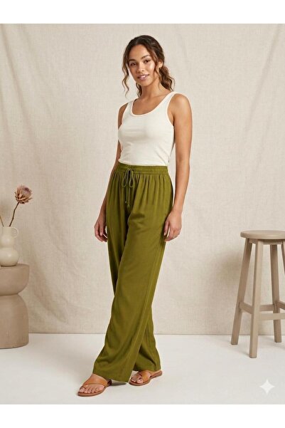 moda sara Kadın Yeşil Beli Lastikli ve Bağcıklı Pantolon