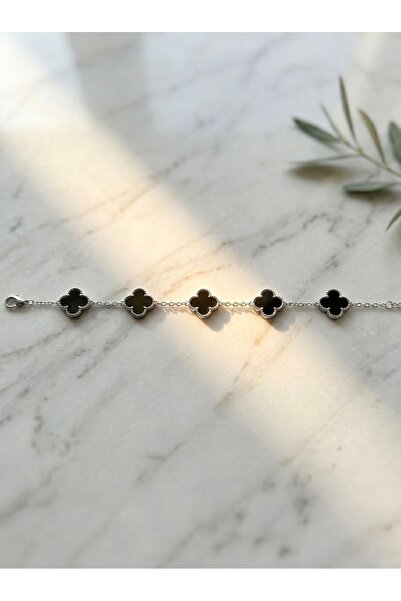 Meneva Aksesuar Black Enameled 5-Leaf Clover Silver Color Chain Stainless Ste...