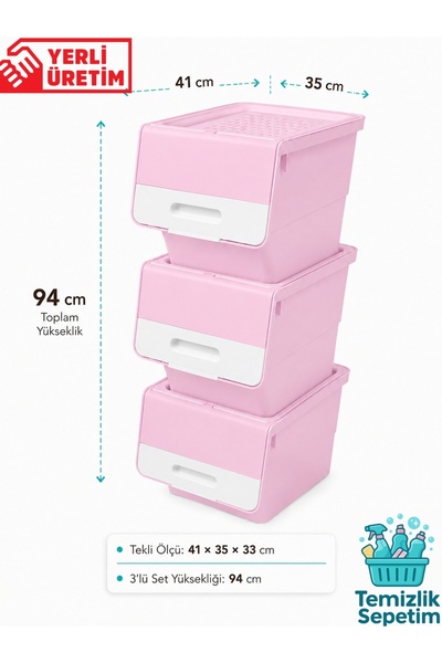 temizliksepetim 3-Tier Wheeled Storage Box with Lid, Goods and Food Organizer 3X12 Liters (Pink)