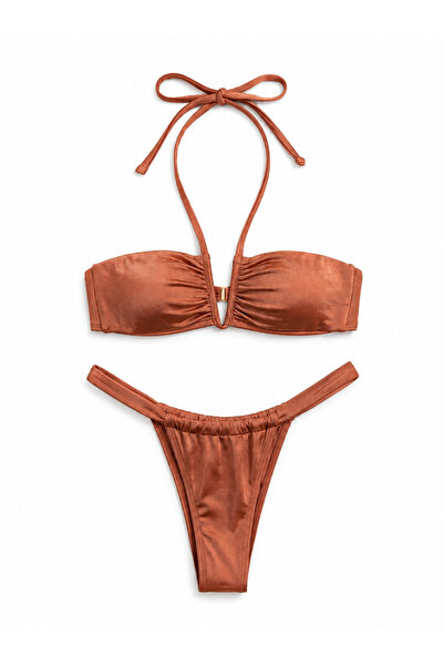 XSTİL BUTİK XSTIL Swimwear Kiremit Büzgülü Bağlamalı Bikini Takımı