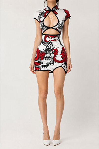 None Wear Beyaz Ejderha Motifli Pencere Detaylı Şeritli Qipao Elbise