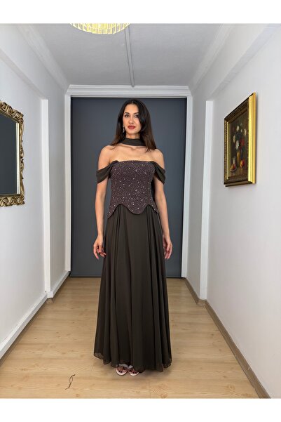 gökkuşagı moda Kahverengi Askılı Straplez Bel Korsajlı Üst Krep Taşlı Alt Şif...