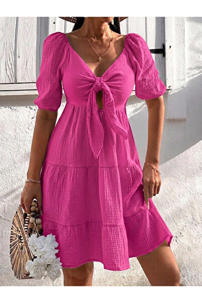 mass fashion Γυναικείο Φόρεμα από Βαμβακερό Ύφασμα Μουσλίνας με Φιόγκο
