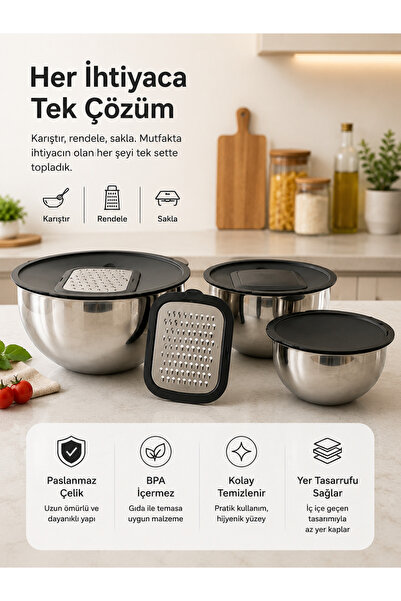 BOYRAZ 3’lü Paslanmaz Çelik Karıştırma Kabı Seti Rende Aparatlı Kapaklı 16-20...