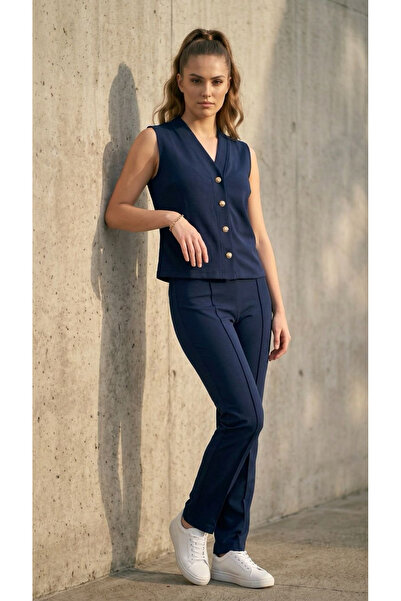 Ded COLLECTION Women's v-neck gold button detail vest pant modal set