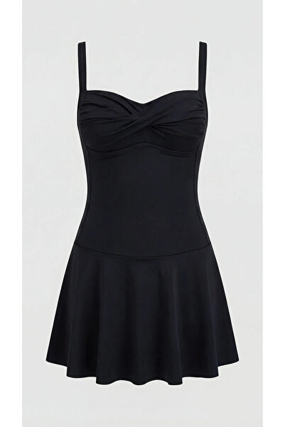 MODA Black Heart Collar Ruffle Detailed Women's Skirted Swimsuit