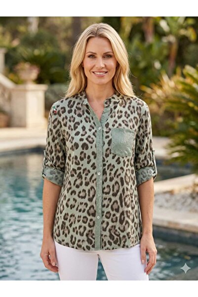 Punta Otantik Nc15421 Italian Button-Down Leopard Pattern Sequined Viscose Sh...