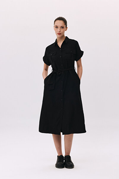 DAIDO Women's Pocket Detailed Waist Tied Short Sleeve Dress 5811 Black