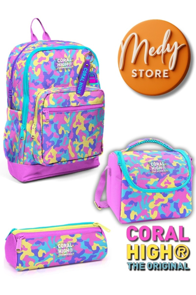 Coral High Pink Yellow Lavender Camouflage Patterned 3-Piece School Bag Set