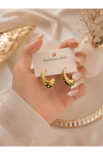 Bymiel Zircon Stone Gold Stainless Steel Hoop Earrings