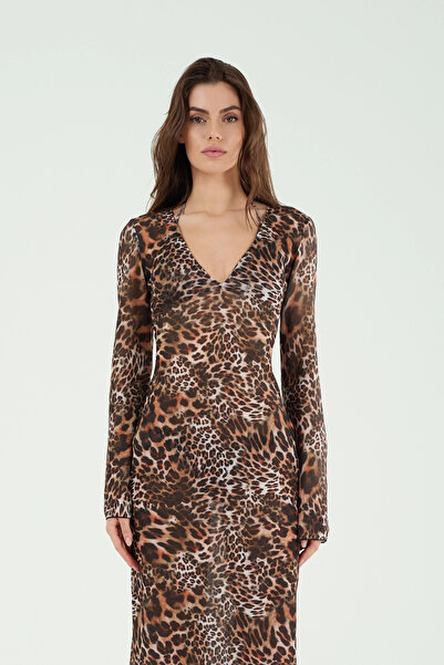 Louren P25007 front v long leopard dress