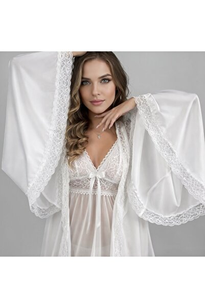 VELVIA Lingerie Set Made of Chiffon Fabric and Satin Robe with Lace Trim and ...