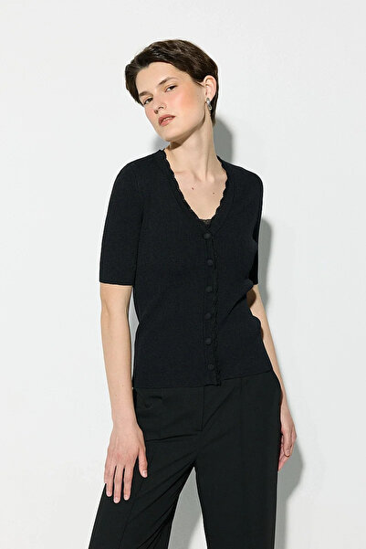 Gusto Lace Trim Rayon Knitwear Cardigan - Black