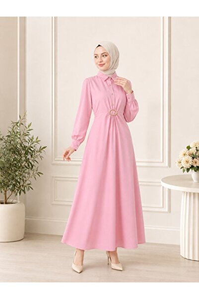 H&B MAİSON Modest Shirt Dress with Gold Buckle