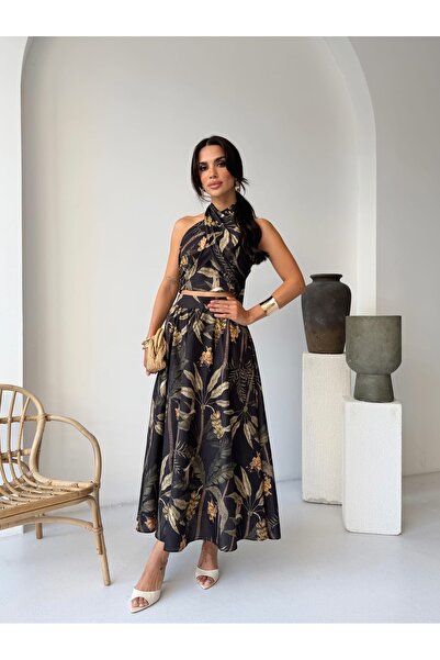 FEMMESTUDIO Women's Black Voile Gipeli Blouse & Skirt Set