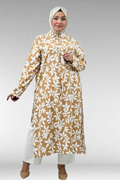Eslina 68045 Büyük Beden Kolu Kıvırma Detaylı Mango Tunik - Yaprak Desen Taba