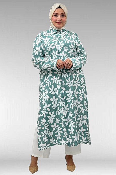 Eslina 68045 Büyük Beden Kolu Kıvırma Detaylı Mango Tunik - Yaprak Desen Nefti