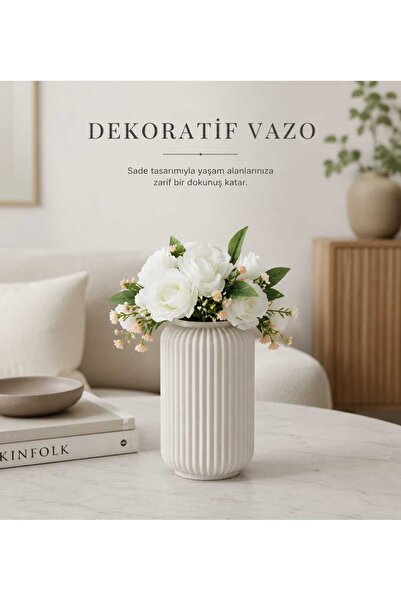 Luvena Dekoratif Vazo Beyaz Çizgili Seramik Vazo Minimalist İskandinav Tasarı...