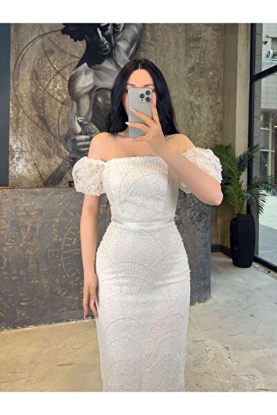 missswans Flora Balon Kolu Boncuk İşlemeli Beli Kendinden Kemerli Midi Boy Ab...