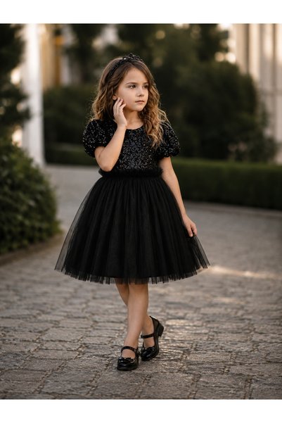 THEQUEST Girl's Sequined Tulle Princess Dress Balloon Sleeve Birthday Party Special Occasion Dress