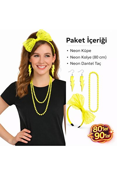 MEDUSHOP Set de petrecere galben neon anii '80 '90 - Colier, Cercei, Coroană