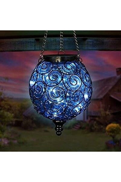 BaoBao Felinar decorativ solar de grădină cu LED, din sticlă albastră și meta...