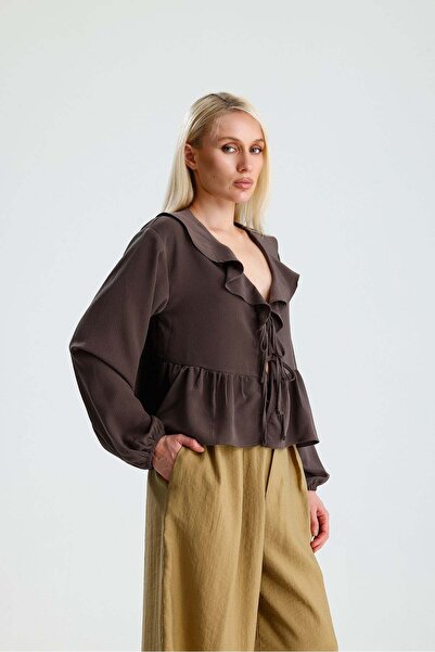 minaaise Brown Ruffled Lace-Up Short Blouse
