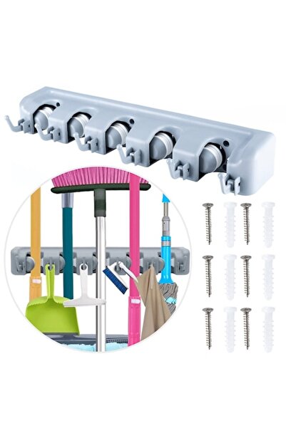 OEM Mop and broom holder, 5 slots and 6 hooks, Non-Slip system, gray, 41x6 cm
