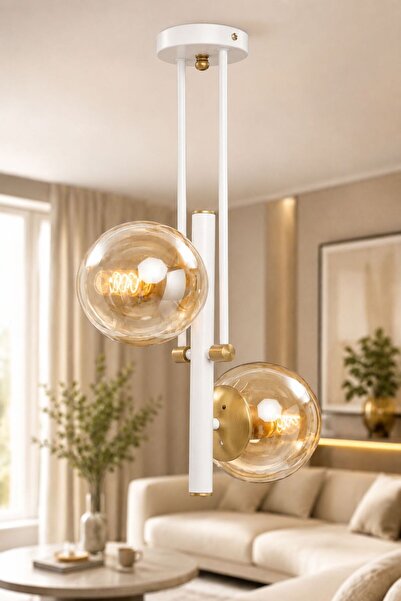 VENON VENA 2.Lİ ✨BEYAZ ESKİTME DETAY ✨ BAL GLOP CAMLI ✨ Modern Avize Oturma O...