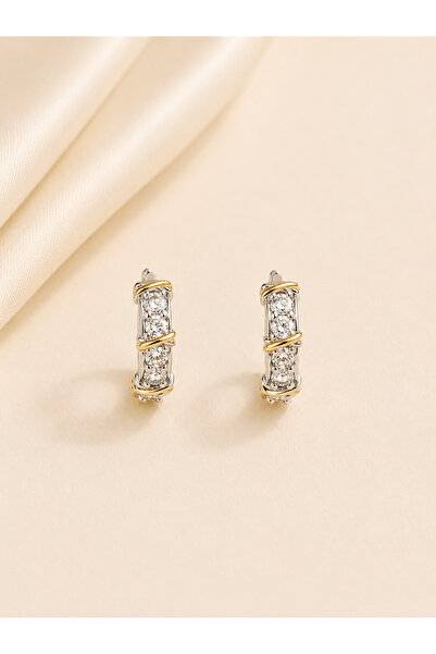 Çelik Zirkon Taşlı Gold Detaylı Halka Küpe – Minimal Kadın Küpe