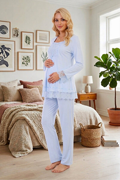 Lohussa New Season Blue Elegant Lace Detailed Design Long Sleeve 100% Cotton ...