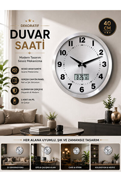 KOLAYEV Dekoratif 40 Cm Modern Duvar Saati Sessiz Akar Saniye Dijital Takviml...
