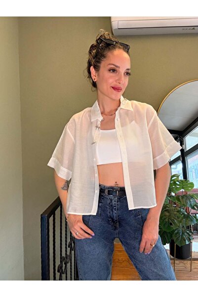 Ali Butik Ekru Şifon Crop Gömlek