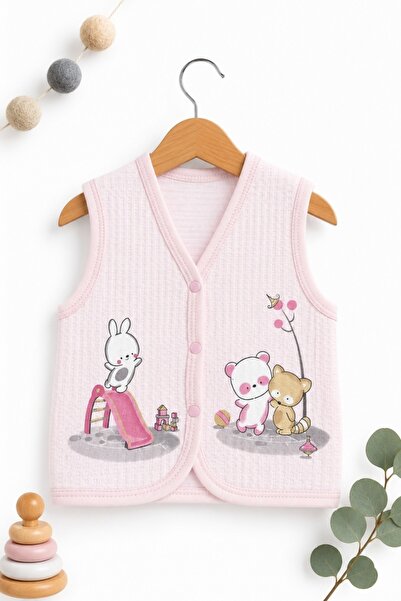Pure Boutique Vesta bebe roz din bumbac cu imprimeu animale si inchidere capse