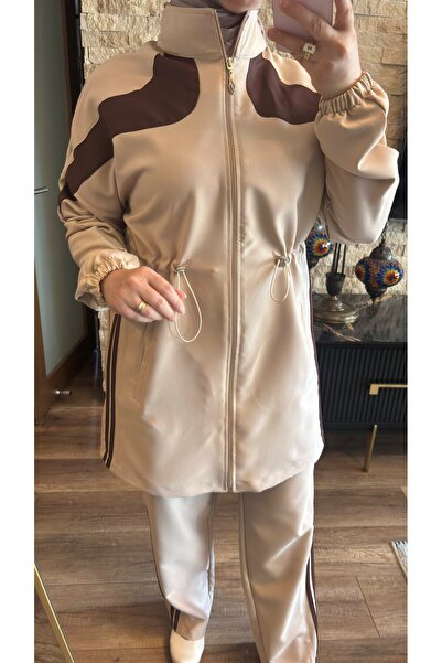 MİMİ Luxury Wear طقم بدلة رياضية نسائية بتفاصيل مخططة وحزام خصر مطاطي للحجاب