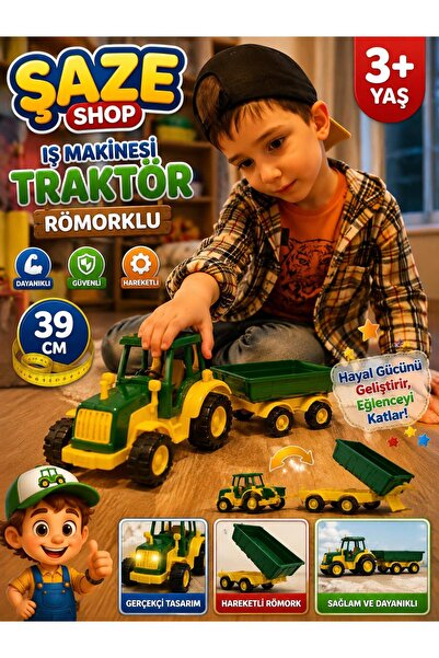 SAZE Römorklu Oyuncak Traktör 39 CM Büyük Boy Hareketli Tarım Aracı Çocuk Oyu...