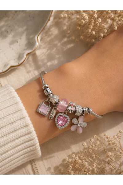 mz mazalinda Women's Charm Bracelet Steel Handcuff Bracelet Blue/Pink Heart S...