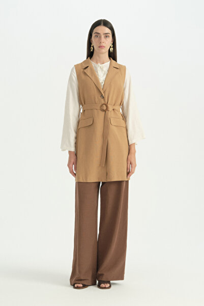 Nihan Belted Linen Vest - Camel