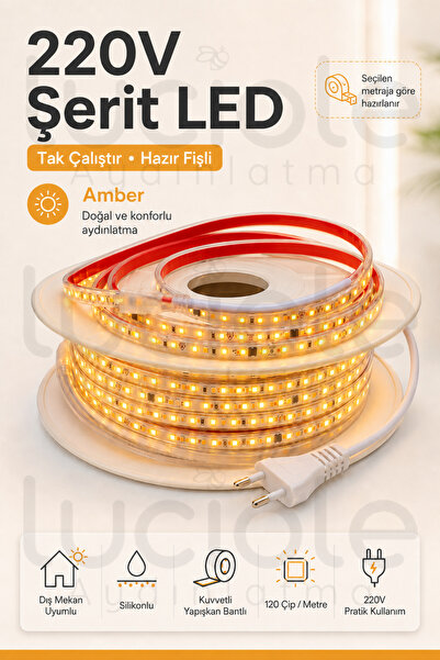 luciole 7 Metre 220V Amber Şerit LED Hazır Fişli Tak Çalıştır Silikonlu Yapış...