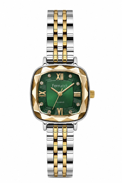Ferrucci Green Dial Cut Glass Detailed Silver & Gold Metal Cord Women's Wristwatch