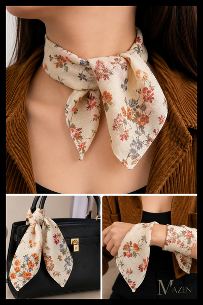 MAZEN Beige Floral Patterned 45X45 Summer Chiffon Scarf |   Women's Neck Hair...