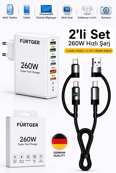 Fürtger German 260W 3 Type-C + 3 Usb-A Toplam 6 Çıkışlı Süper Hızlı Şarj Alet...