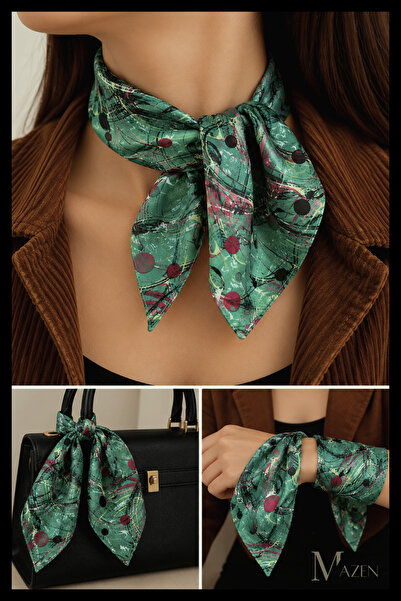 MAZEN Eșarfă verde geometrică din șifon de vară 45x45 |   Accesoriu pentru ge...