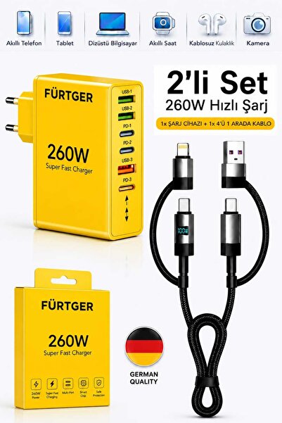 Fürtger German 260W 3 Type-C + 3 Usb-A Toplam 6 Çıkışlı Süper Hızlı Şarj Alet...