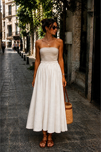 EREN STYLE Italian Linen Flared Skirt with Elastic Waist (Length: 110 cm)