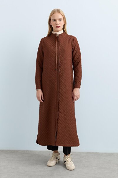 Nihan Thin Quilted Lace Detailed Overcoat - Brown