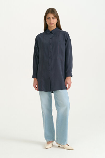 Nihan Kontrast Dikiş Detaylı Oversize Lyocell Tunik - Lacivert