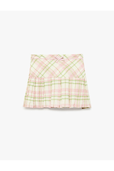 Koton Pleated Cotton and Viscose Blend Plaid Skirt