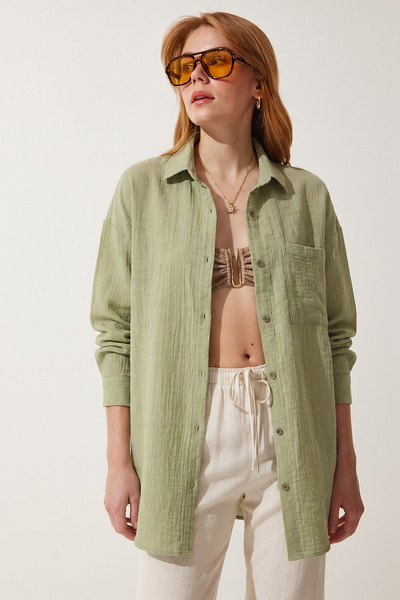 Lovelyİstanbul Oversize Basic Müslin Gömlek LMX0002 AÇIK ÇAĞLA YEŞİLİ