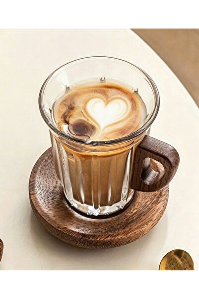 EHOME 1Set, Glass Coffee Cup Set, with Wooden Handle And Walnut Coaster, Mug,...